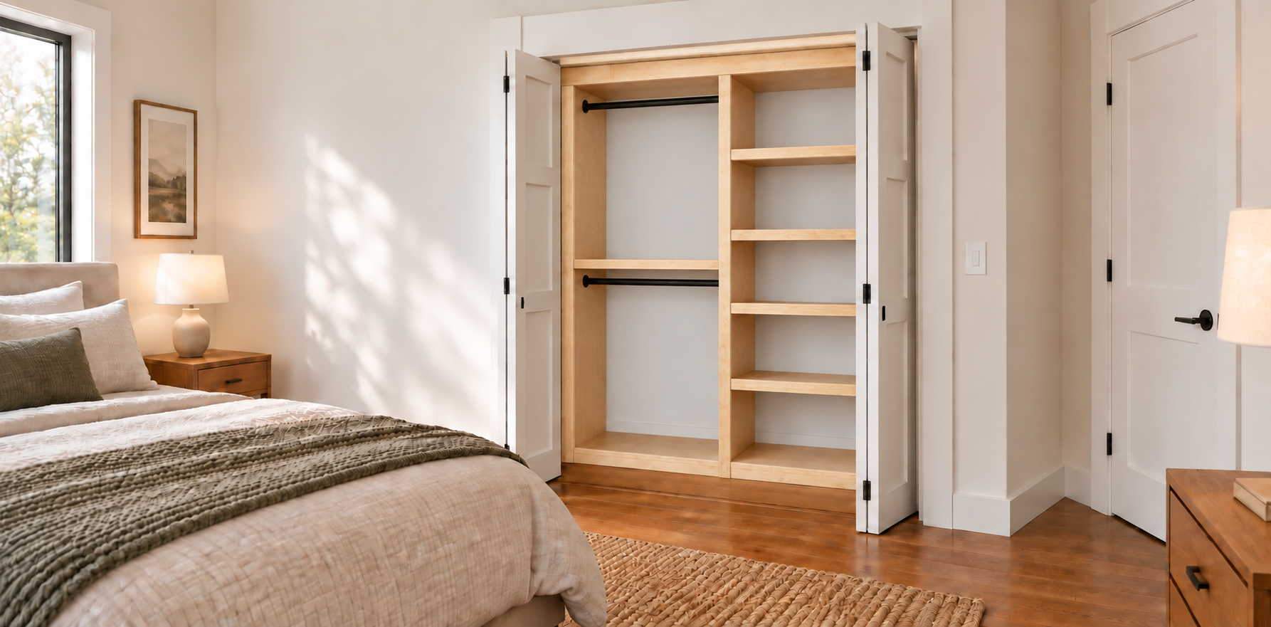 Empty Essential 60 structure showing birch shelves, wide natural pine face trim, two black rods and the existing white wall through the open back