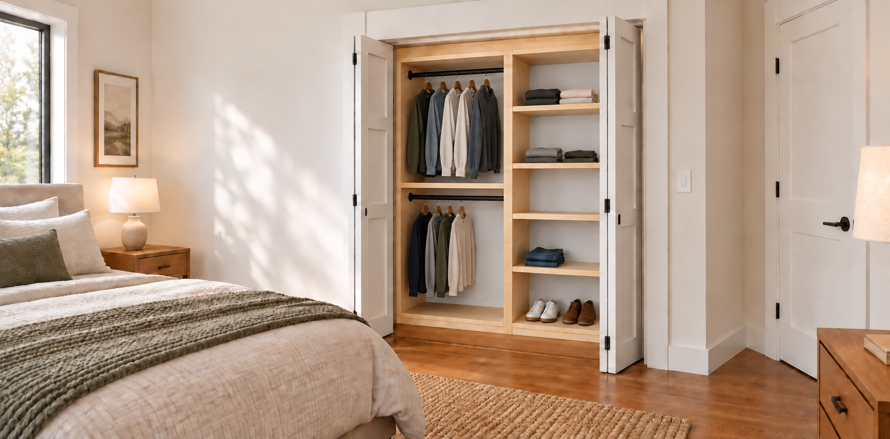Essential 60 custom birch plywood closet design with wide natural pine face trim